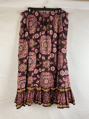 Cleobella Brown Maxi Skirt with Pink Floral Medallion Print